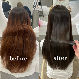 酸性ストレート×カラー

癖も伸ばしながら艶々な後ろ姿へ
クセ毛さんだけでなく、髪が広がりやすい方も当てるだけで収まりよく、美髪へと導いてくれます！

普段ストレートスタイルが多い方は絶対後悔のないメニューです！



※カラーも一緒にしたい方は一度ご相談ください 