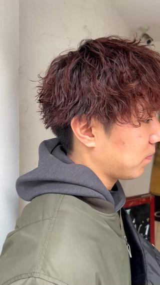 波巻きパーマ×レッドブラウンカラー 