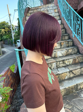 ボルドーラベンダーカラー
ブラウンよりも暖かく、赤よりも落ち着いた色味が特徴です。
深みのある色味のため、大人らしい印象になるのもボルドーカラー!
赤系カラーに挑戦したいけど派手になるのは避けたい方、いつものブラウンカラーから少しイメチェンしたい方におすすめです◎