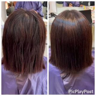 セルフカラー、セルフアイロンで毛先はかなりダメージしておりましたのでこれ以上ダメージが進まないようにブロック剤を塗って根本をしっかり伸ばしました。
仕上がりはブローもアイロンもしておりません。 