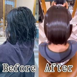 僕の考案したオリジナルメニュー！
ケア縮毛矯正！これホントおすすめです！
前処理から中間処理剤を使用してダメージを最小限に抑えます！
通常の縮毛矯正より質感が上がります！ 