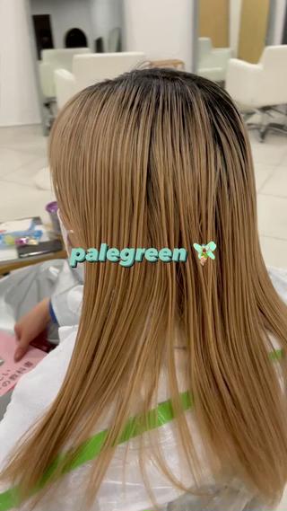 ブリーチを使ったペールグリーン
お客様の髪のブリーチ抜け具合によりますが基本1回のブリーチでペールトーンのカラーに致しますの