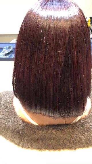 カラー材に髪質改善トリートメントをミックス！色はボルドーカラー！カットはボブスタイル 