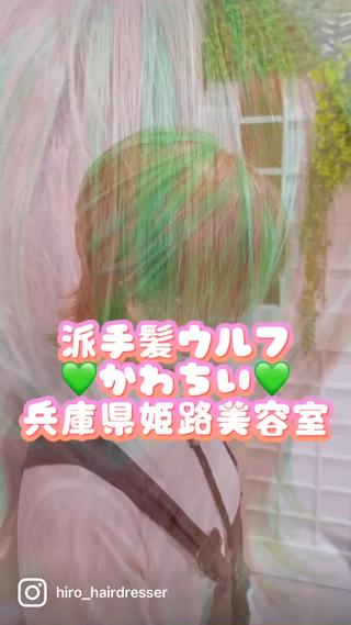 派手髪ウルフ
かわちい
兵庫県姫路美容室

☆カット
ショートボブウルフ

☆カラー
ブリーチ1〜2

☆イーナーカラー&スライシング
黄緑

☆ベースカラー
ピンクベージュ

参考予算
26950円
 