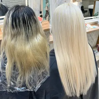 ロング ハイトーンカラー シールエクステのヘアスタイル
