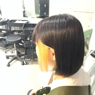 ミディアム カラー パーマ ヘアアレンジ メンズ キッズ ネイル マツエク・マツパ 切りっぱなしヘアボブ ミディアムヘアRYOのヘアスタイル