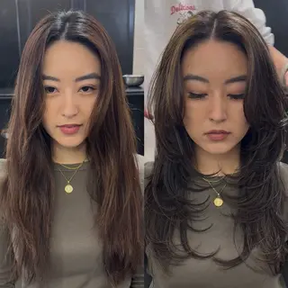 ロング カラー 🌟小顔レイヤー× 赤み消し透明感カラーのヘアスタイル