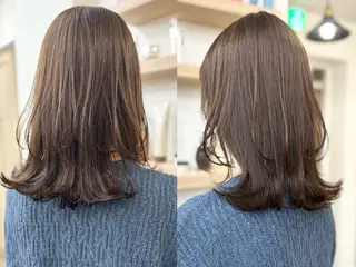 ミディアム カラー パーマ ヘアアレンジ メンズ キッズ レイヤーカット 🌿透け感カラーのヘアスタイル