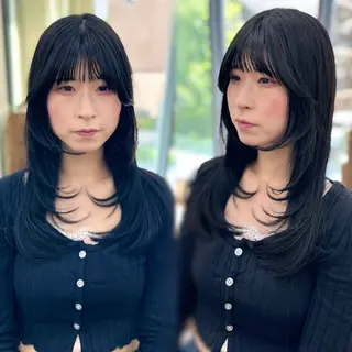ロング カラー パーマ ヘアアレンジ メンズ キッズ レイヤーカット 🌿透け感カラーのヘアスタイル