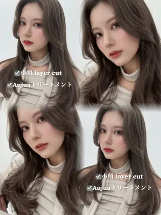 ロング カラー 小顔レイヤー/明るめ ベージュ/モモ/横浜のヘアスタイル