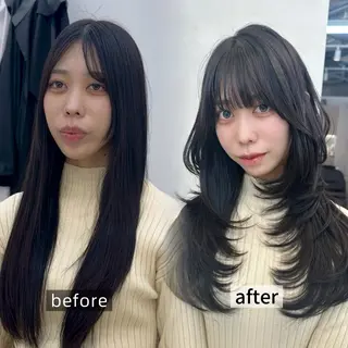 ロング カラー 韓国風レイヤーカラー ライムのヘアスタイル