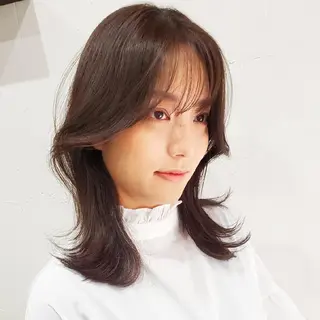 セミロング カラー パーマ 韓国レイヤー柔らかい 地毛風縮毛矯正/マツのヘアスタイル