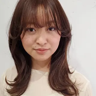 セミロング カラー パーマ 韓国レイヤー柔らかい 地毛風縮毛矯正/マツのヘアスタイル