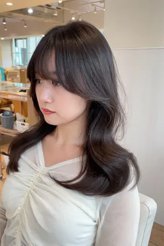 セミロング 表参道小顔カット前髪 割れ改善クロスパーマのヘアスタイル
