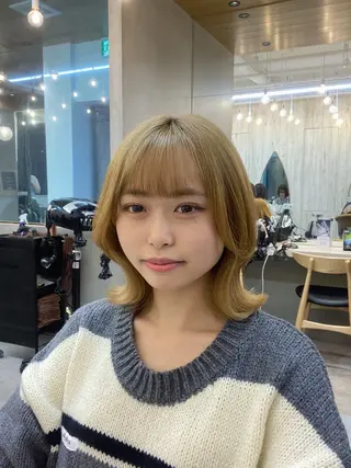 ミディアム パーマ レイヤーボブ縮毛矯正 韓国RINAのヘアスタイル