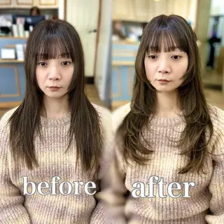 ロング カラー パーマ ヘアアレンジ メンズ キッズ レイヤーカット 🌿透け感カラーのヘアスタイル