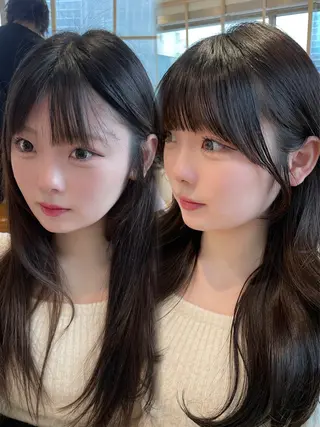 セミロング 表参道小顔カット前髪 割れ改善クロスパーマのヘアスタイル