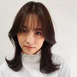 セミロング パーマ カラー 韓国レイヤー柔らかい 地毛風縮毛矯正/マツのヘアスタイル