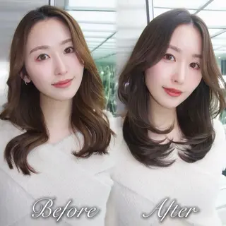 ミディアム がわ/ハイレイヤー /ハイトーンカラーのヘアスタイル
