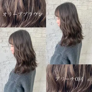 セミロング カラー オリーブ/アッシュ やわらか透明感カラーのヘアスタイル