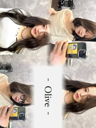 ロング カラー 韓国🇰🇷レイヤー カットオリーブカラーのヘアスタイル