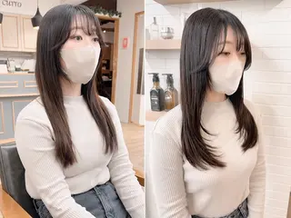 セミロング カラー パーマ ヘアアレンジ メンズ キッズ ネイル マツエク・マツパ アイブロウ レイヤーカット／顔周 りカット/縮毛矯正のヘアスタイル