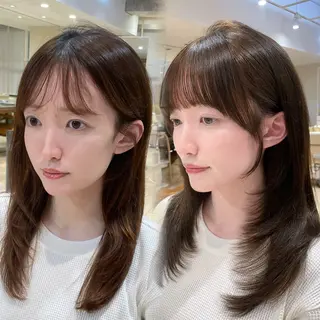 ミディアム 表参道小顔カット前髪 割れ改善クロスパーマのヘアスタイル