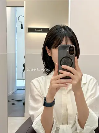 ミディアム カラー パーマ ヘアアレンジ メンズ 切りっぱなしヘアボブ ミディアムヘアRYOのヘアスタイル