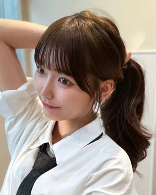 セミロング 表参道小顔カット前髪 割れ改善クロスパーマのヘアスタイル