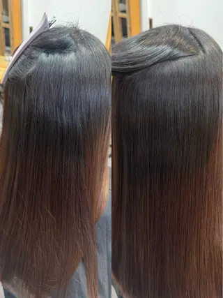 セミロング パーマ 美髪縮毛矯正/暖色 カラー/エクステのヘアスタイル