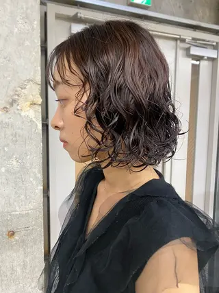 ミディアム パーマ 暖色カラー/オリーブ /ミニボブ/白柳美空のヘアスタイル