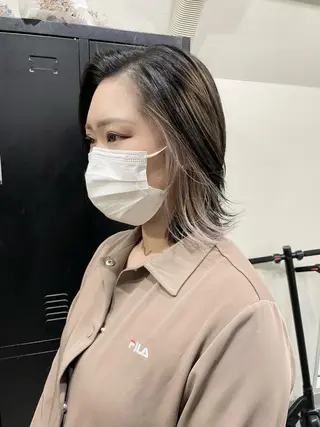 ミディアム カラー パーマ ヘアアレンジ メンズ キッズ ネイル マツエク・マツパ アイブロウ 切りっぱなしヘアボブ ミディアムヘアRYOのヘアスタイル