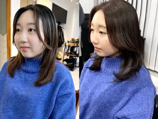 ミディアム カラー パーマ ヘアアレンジ メンズ キッズ レイヤーカット／顔周 りカット/縮毛矯正のヘアスタイル