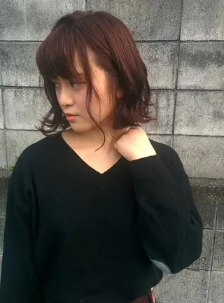 ミディアム セミロング カラー パーマ 青木 みなのヘアスタイル