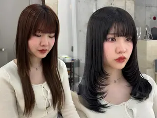 セミロング カラー 髪質改善|透明 感カラー🩵レイヤーのヘアスタイル