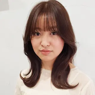 セミロング カラー パーマ 韓国レイヤー柔らかい 地毛風縮毛矯正/マツのヘアスタイル