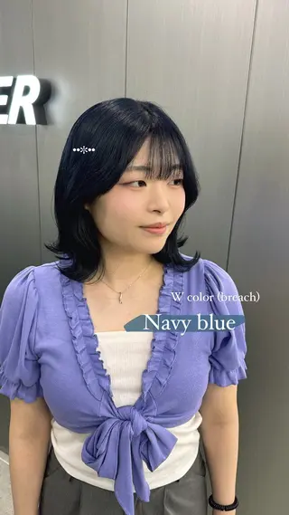 セミロング カラー 暗髪🩶ラベンダー/ ブルー/ユウナ🤍のヘアスタイル