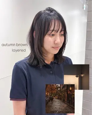 ミディアム カラー パーマ ヘアアレンジ 切りっぱなしヘアボブ ミディアムヘアRYOのヘアスタイル