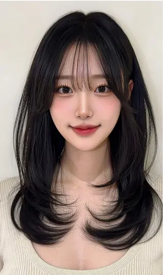 ロング カラー 韓国風レイヤーカラー ライムのヘアスタイル