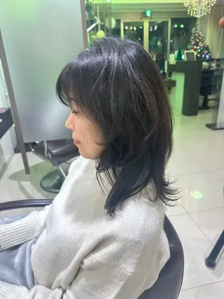 セミロング レイヤー 艶々カラーのヘアスタイル