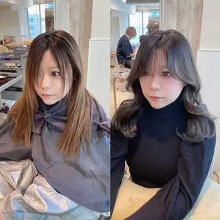 ミディアム 表参道小顔カット前髪 割れ改善クロスパーマのヘアスタイル