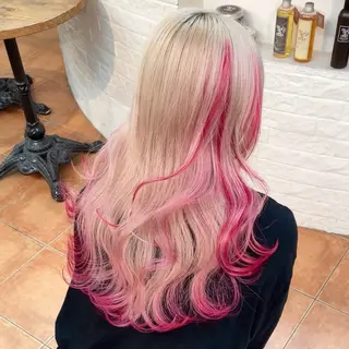 ロング カラー ブリーチなしピンク 赤井龍斗のヘアスタイル