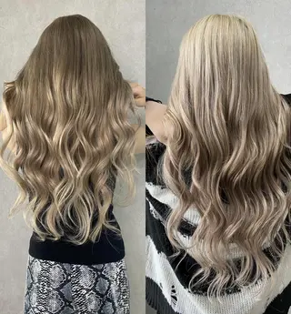 ロング ヘアアレンジ パーマ カラー ハイトーン カラーのヘアスタイル