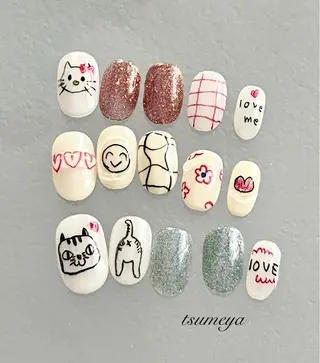 ネイル tsumeya ゆるかわ手描きネイルのネイルデザイン