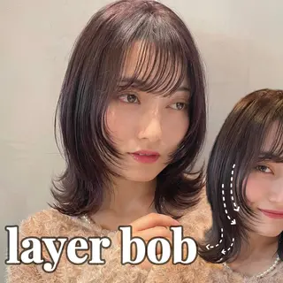ミディアム カラー ボブ/縮毛矯正/レイ ヤー♡Natsukiのヘアスタイル