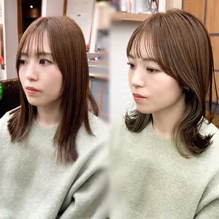 ミディアム カラー パーマ ヘアアレンジ メンズ キッズ レイヤーカット 🌿透け感カラーのヘアスタイル