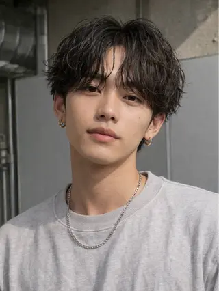 ミディアム パーマ ショート　ボブ メンズ　パーマのヘアスタイル