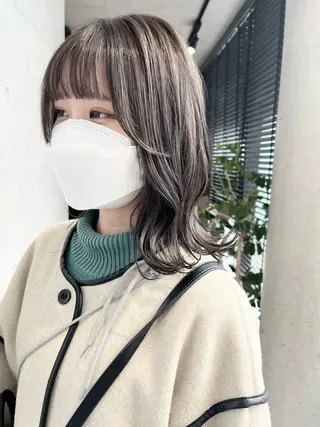 ミディアム カラー パーマ 透明感/オリーブ/ グレージュ/YUKAのヘアスタイル
