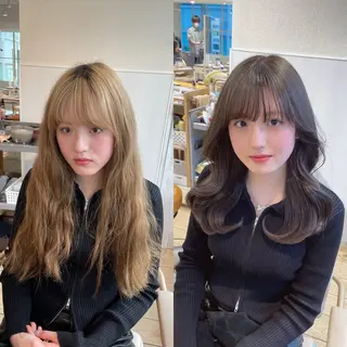 セミロング 表参道小顔カット前髪 割れ改善クロスパーマのヘアスタイル