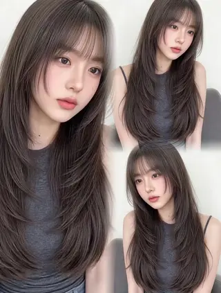 ロング カラー 韓国風レイヤーカラー ライムのヘアスタイル